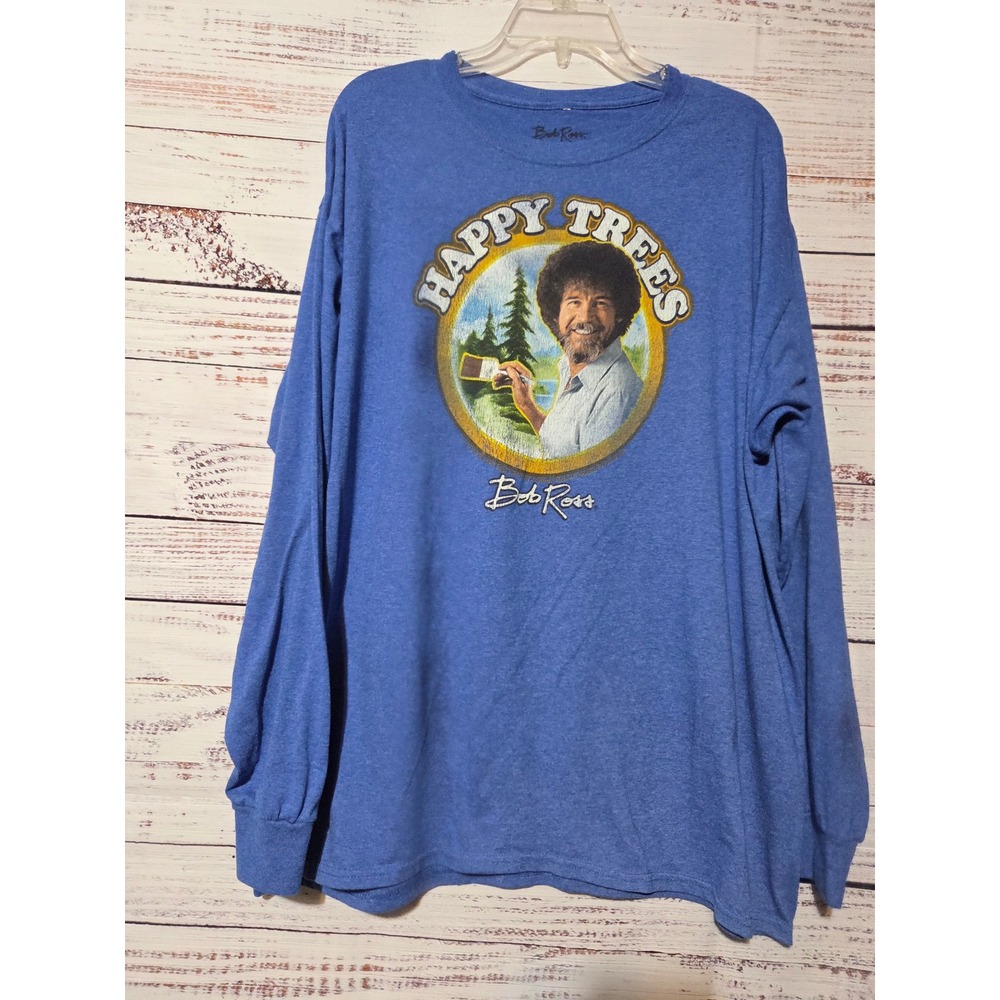 Bob Ross Happy Trees Long Sleeve Graphic T-Shirt Mens XL Blue Heather Art Tee